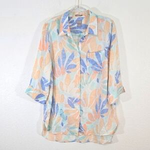 Chico's 100% Linen Leaf Print No Iron Button Up Long Tunic Top, 3 (16/18)